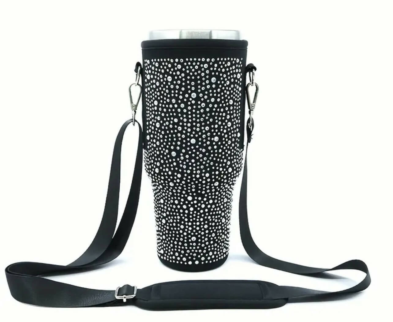 Black Rhinestone 40oz tumbler holder with adjustable strap