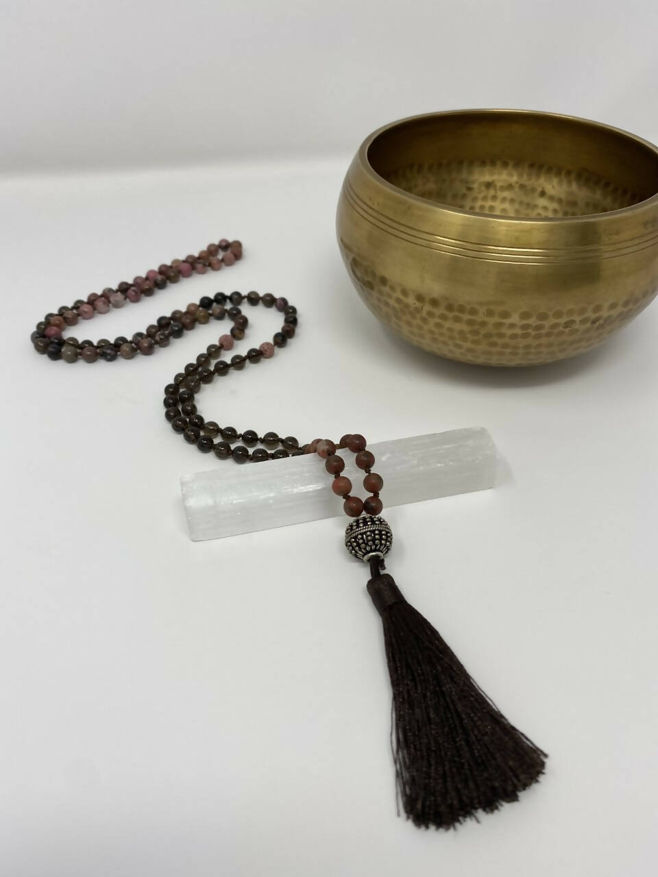 Rhodonite and Smokey Quartz Mala Necklace