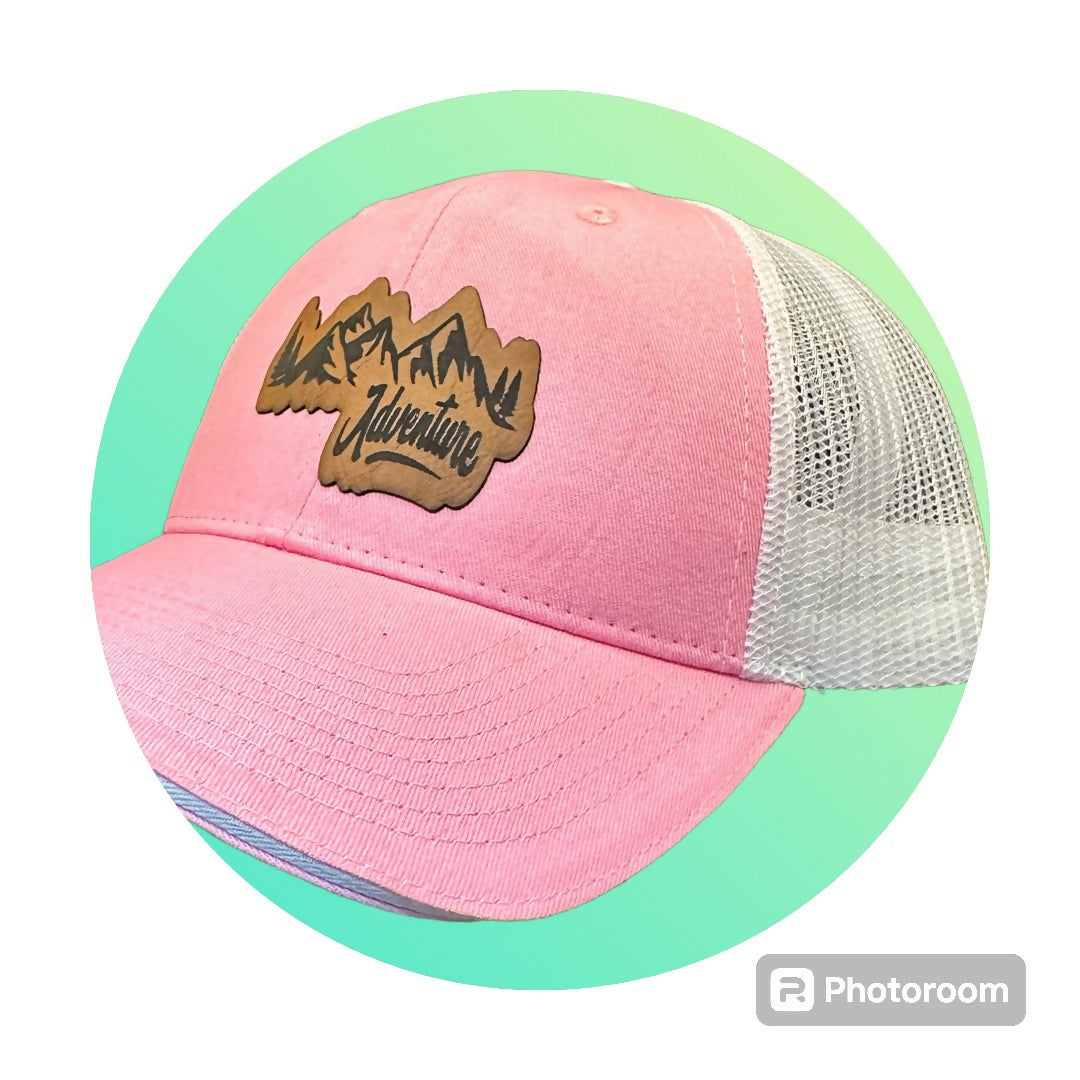 Pink White Trucker Hat - Adventure Brown Leatherette Patch