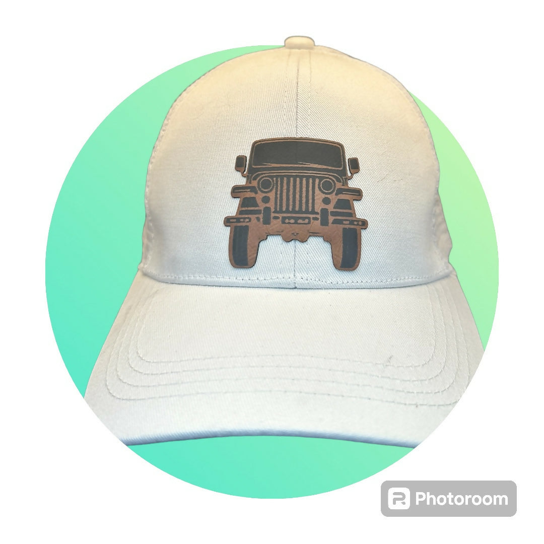 White Ponytail Hat - Jeep Leatherette Patch