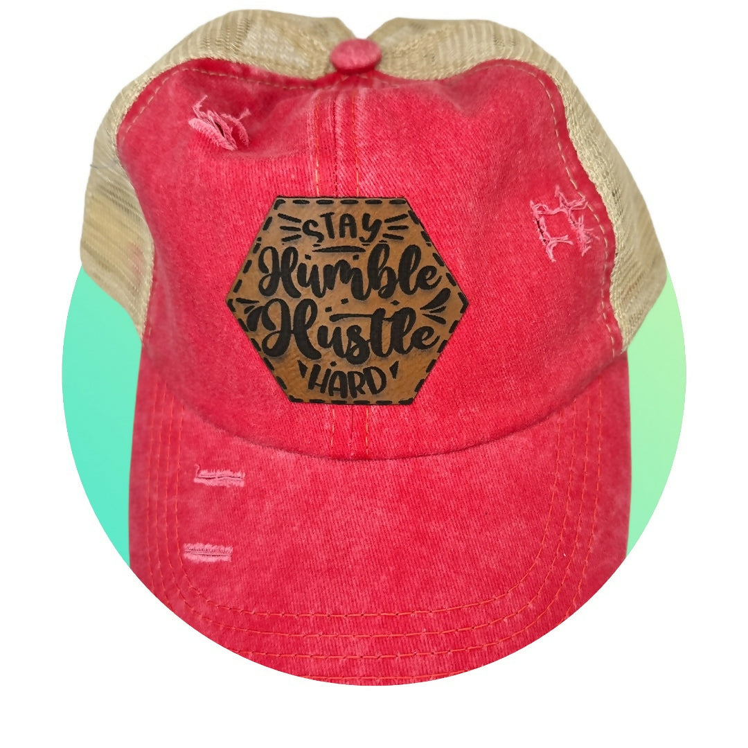 Red Ponytail Hat - Stay Humble Hustle Hard Leatherette Patch