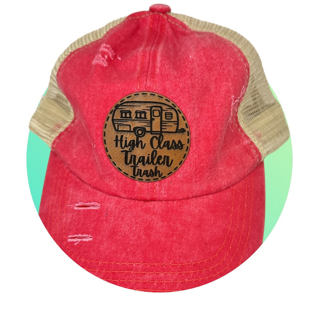 Red Ponytail Hat - High Class Trailer Trash Leatherette Patch