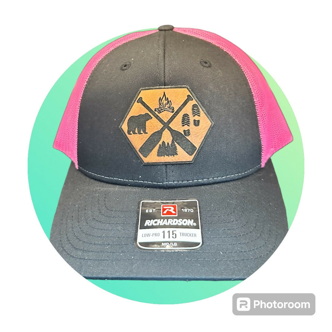 Black/Pink Trucker Hat - Camping Quadrant Leatherette Patch