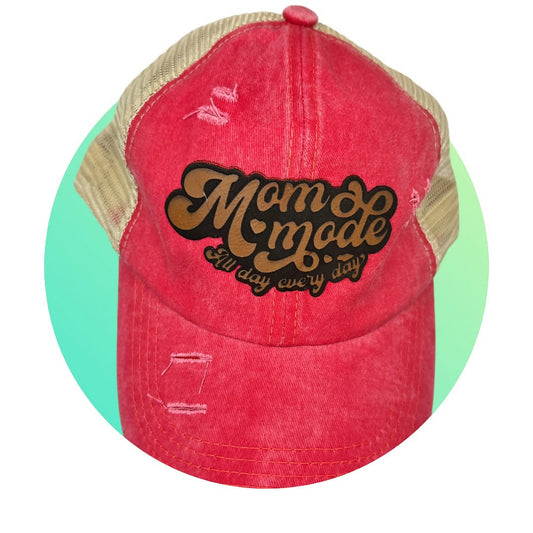 Red Ponytail Hat - Mom Mode Leatherette Patch