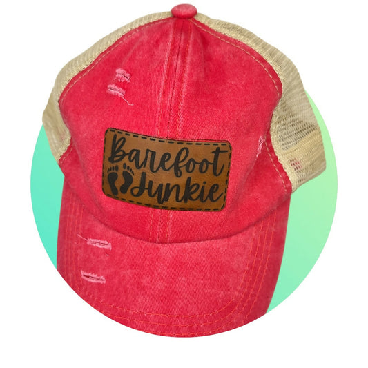 Red Ponytail Hat - Barefoot Junkie Leatherette Patch