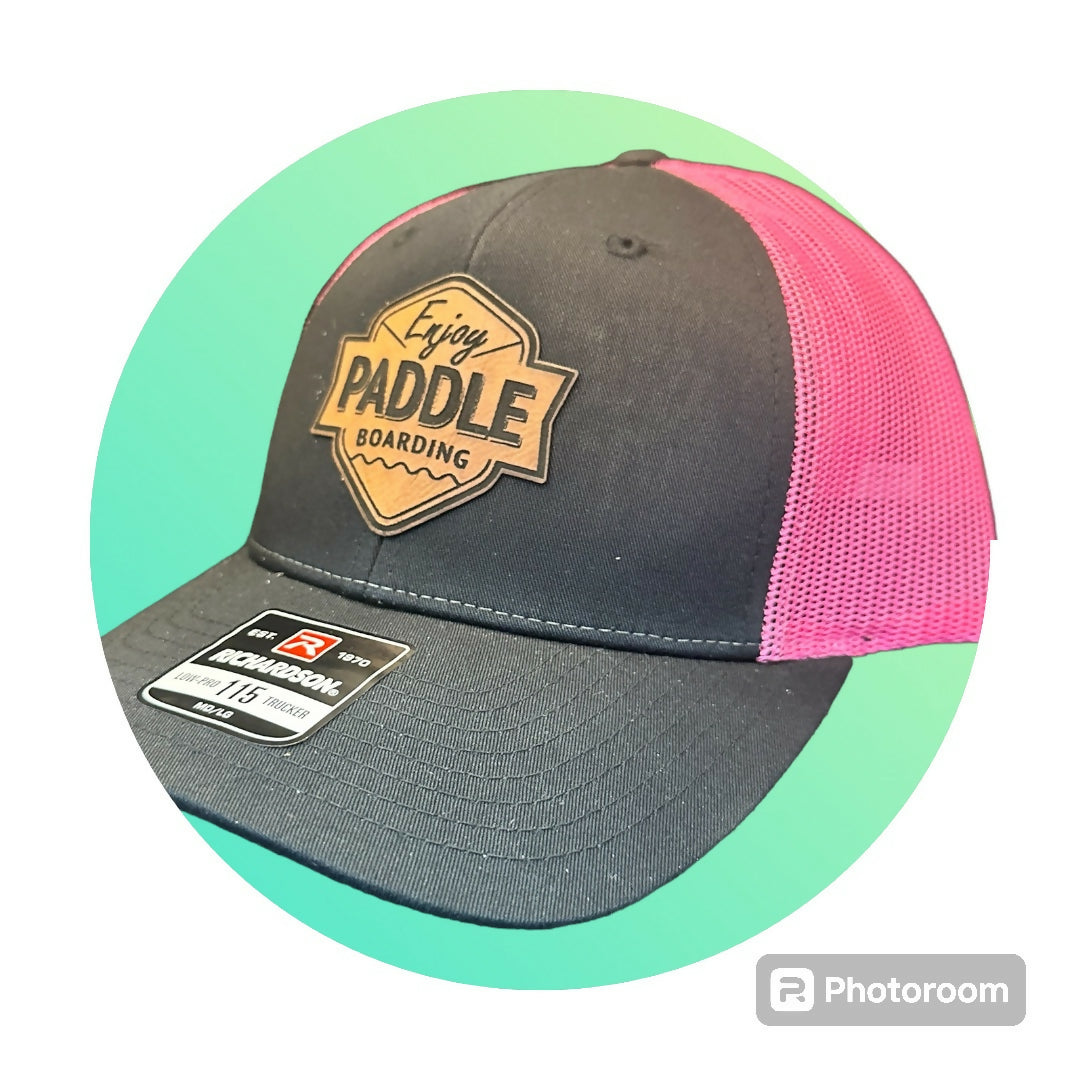 Black/Pink Trucker Hat - Enjoy Paddle Boarding Brown Leatherette Patch