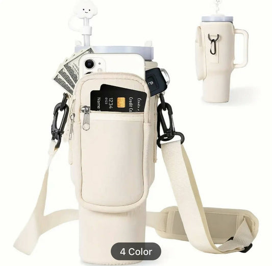 Cream 40oz Tumbler holder with adjustable strap