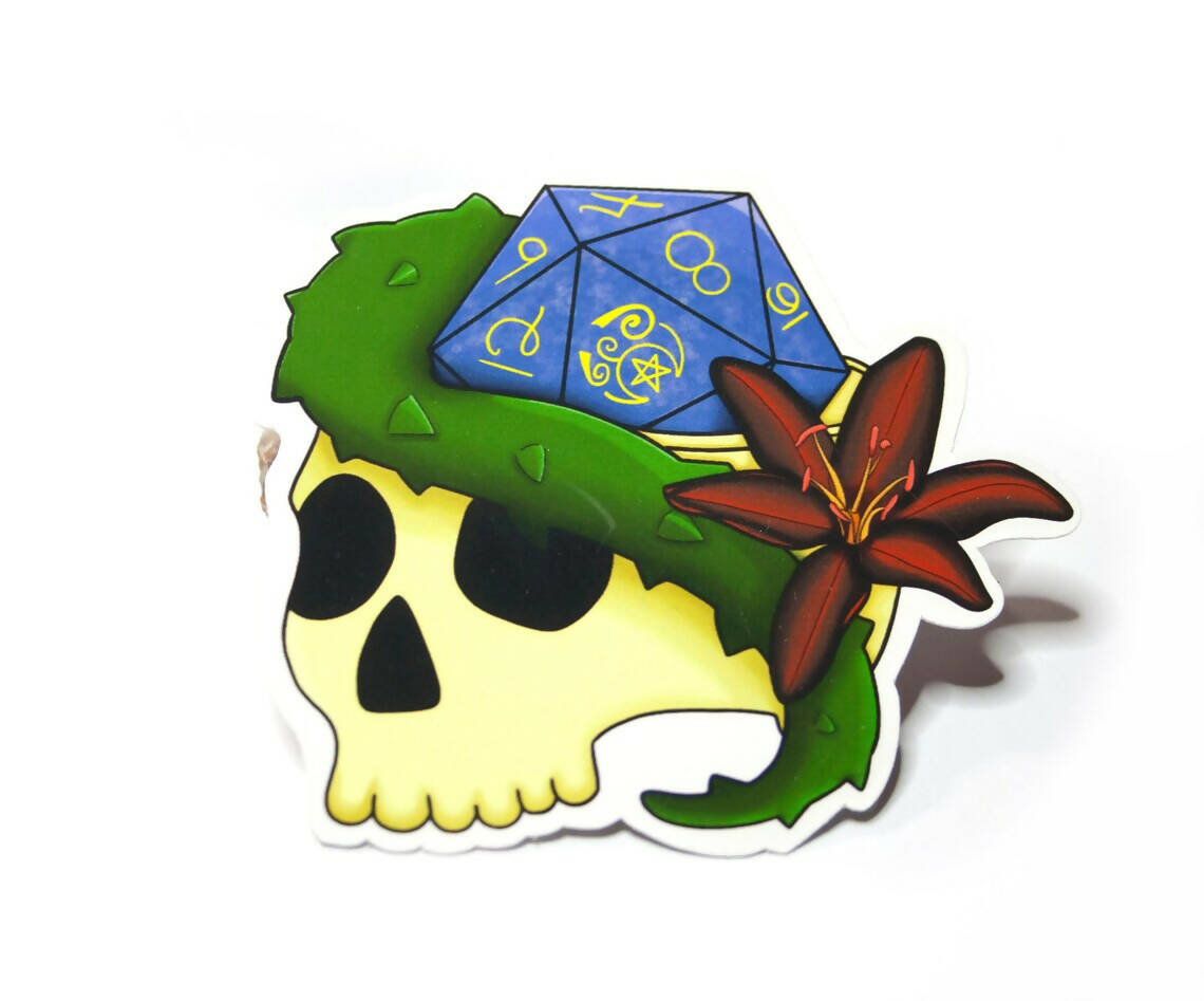 D20 dice skull sticker, spooky die cut skull sticker