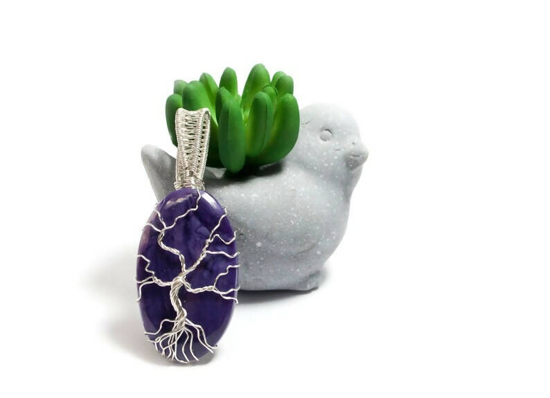 Purple Charoite and silver wire wrapped tree of life pendant necklace