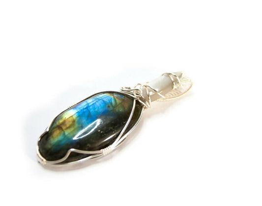 Labradorite, gray moonstone and silver wire wrapped pendant necklace