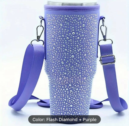 Purple Rhinestone 40oz tumbler holder with adjustable strap