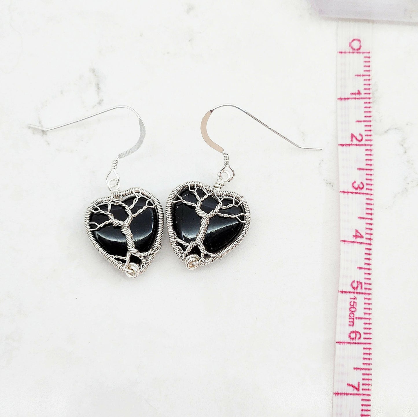 Onyx Tree of Life Heart Earrings