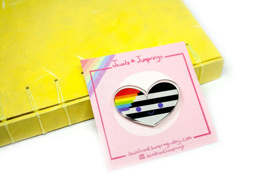 Black and white with rainbow Heart acrylic pin, Pride love pin, LGBTQ Ally arcylic pin