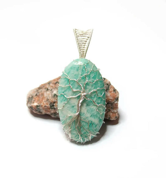 Aqua green Amazonite wire wrapped tree of life pendant