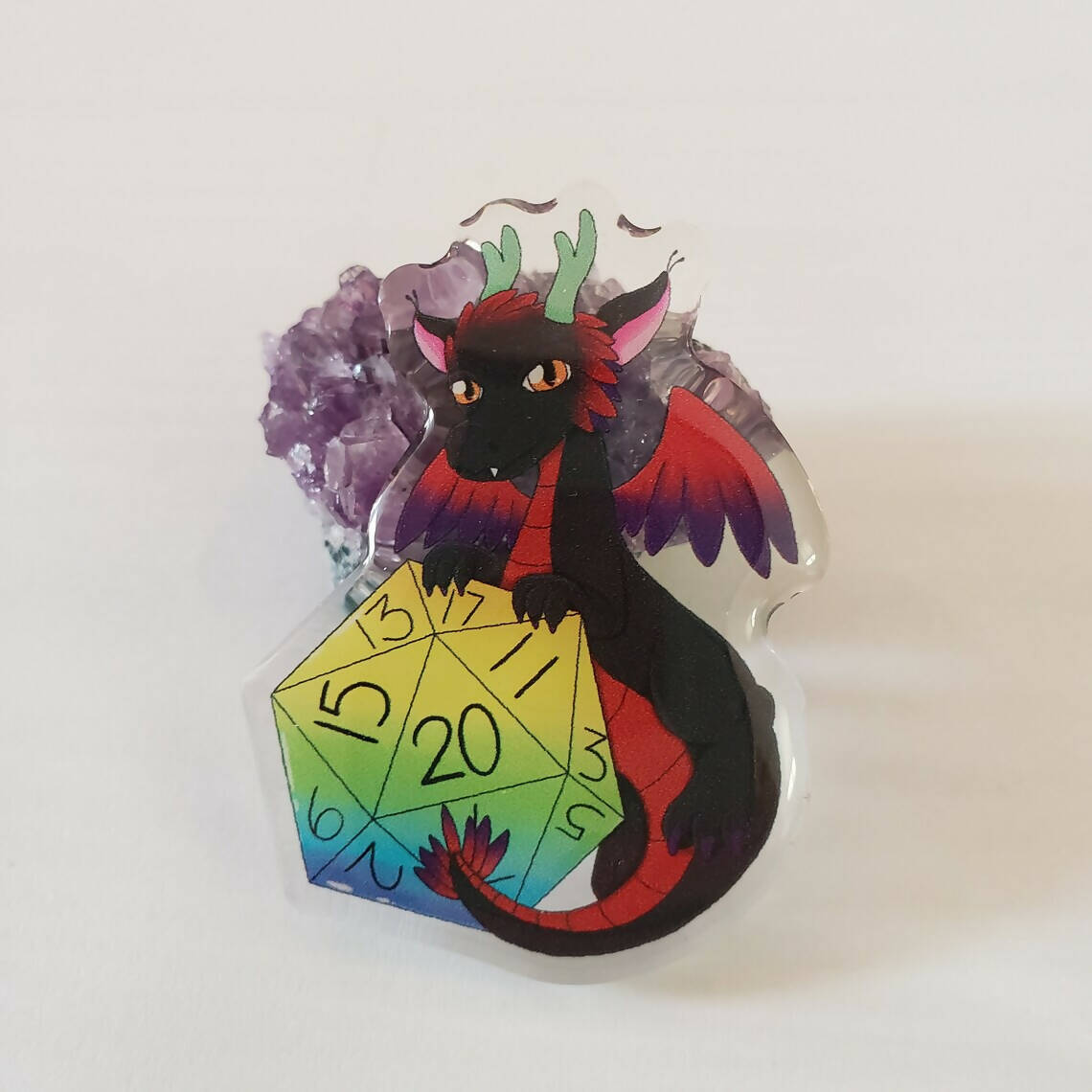 D20 dice dragon acrylic pin