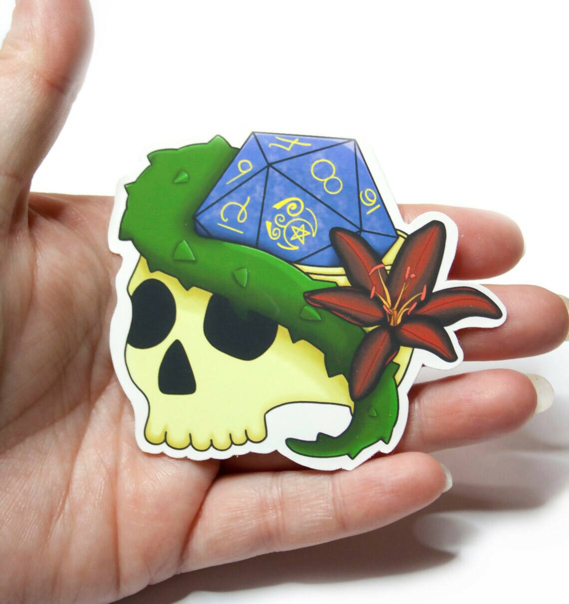 D20 dice skull sticker, spooky die cut skull sticker